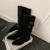 Botas apiladas adelgazantes Chuyuji retro de gamuza color albaricoque con caña ancha, punta fina, tacón grueso, botas vaqueras de mezclilla hasta la rodilla
