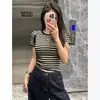 Dropshipping Verão Colorido Algodão Listrado Elegante Emagrecedor Tamanho Grande Manga Curta Camiseta Feminina Ombro Normal Cropped