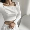 Camiseta Blanca Falsa de Dos Piezas de Manga Larga al por Mayor Transfronteriza para Mujer Cuello Cuadrado Ajustada Top Corto Camisa Base de Moda Ins
