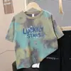Camiseta Tie-Dye de Manga Curta para Meninos, Top Estampado de Verão para Crianças, Nova Camiseta Tendência Estilo Coreano de Caimento Solto para Crianças Maiores