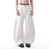 Jeans Branco Retro Americano com Barra Curva para Homens, Primavera e Outono de 2026, Calças Largas Baggy com Cintura Ajustável