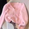 Cárdigan suéter de cuello en V de visón sintético estilo Chanel francés para mujer, corte holgado, diseño floral pesado, felpa suave, cárdigan cálido