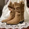 Botas vaqueras de punta fina, apiladas, otoño, corte ajustado, tacón grueso, nuevo estilo retro 2026, botas para mujer, hebilla de cinturón western, versátiles, otoño