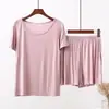 Conjunto casual de modal leve de manga curta para o verão para mulheres plus size, pijama casual de duas peças com shorts, modelagem solta, tamanho grande