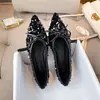 Zapatos Individuales Blancos de Grulla Francesa con Lentejuelas para Mujer, Nuevo Modelo, Punta Fina, Suela Plana, Estilo Pequeño Chanel, Lazo, Zapatos Versátiles, Suela Suave Cómoda
