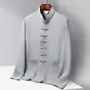 Novo Traje Tang Estilo Chinês para Homens, Meia-Idade e Idosos, Roupa de Pai, Conjunto de Duas Peças de Seda Gelada de Manga Longa para Primavera e Verão, Hanfu Fino