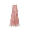 Roupas Femininas Europeias e Americanas, Saia de Alça Renda Gradiente Retrô Francesa, Vestido de Verão Emagrecedor com Bordas de Cadarço e Patchwork Vestido de Férias