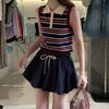 Top de punto con cuello polo a rayas de bloques de color para mujer, diseño de verano, corte ajustado, camiseta sin mangas versátil
