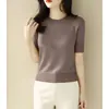 Verano Blanco usar corto media altura cuello redondo holgado adelgazante manga corta camiseta tejido de punto mujer nuevo top básico
