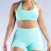 Top de yoga curto transfronteiriço europeu e americano, regata de alta elasticidade em três camadas com sutiã embutido, costas e ombros bonitos, gola halter, confortável e justo ao corpo