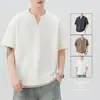 Camiseta de Hombre Shanggu Manga Corta de Verano Bordada Cuello en V Blanco Crudo Moca Gris Oscuro Retro Japonés Lino Holgada