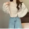 Camiseta de Punto Base Manga de Linterna Rojo Rosa para Mujer, Nuevo Estilo Otoño Temprano, Conjunto de Suéter Corto Holgado, Top Primavera Otoño