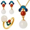 Ouro de Areia Vietnamita Estilo Chinês Coisas Boas com Nuvens Auspiciosas Pingente de Anel de Jade Branco Conjunto de Joias Colar Brincos