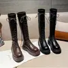 Botas Negras de Suela Gruesa Ajustadas con Cordones Botas Altas por Encima de la Rodilla Botas de Caballero para Mujer 2025 Nuevas Botas de Cuero