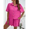 Punto Cruzado Aliexpress Moda Pantalones Cortos Traje de Camisa de Color Puro de Dos Piezas para Mujer Casual Holgado de Manga Corta Fila Única