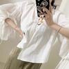 Corea del Sur Primavera y Otoño Diseño Nicho Cuello Redondo Pequeño Pecho Lazada Suelto Versátil Manga Linterna Camisa Top para Mujer