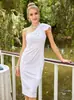 Nueva Moda de Verano Europea y Americana Amazon Transfronterizo Vestido Largo Ajustado Bodycon de Color Sólido con Escote Asimétrico y Mangas Volantes para Mujer