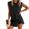 Conjunto Casual de Moda Cor Pura para Exportação Transfronteiriça para Mulheres Verão 2025 Novo Camiseta de Manga Curta Pura Algodão Calça Três Quartos Duas Peças