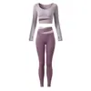 Conjunto de Yoga Otoño 2026 para Mujer Ajustado Manga Larga Top Corto Cintura Cruzada Bloque de Color Pantalones Largos de Cintura Alta Ropa Profesional para Fitness