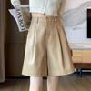 Pantalones Cortos de Cuero para Mujer 2025 Otoño e Invierno Estilo Coreano Pu Pantalones Cortos de Cuero Línea A Cintura Alta Pierna Ancha Longitud de Rodilla Sueltos Adelgazantes Rectos de Longitud Media