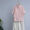 Camisa de lino y algodón de estilo chino retro literario con cuello alto, tapeta oblicua, manga corta de verano, bordado, suéter chino, camiseta Zen para té