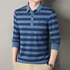 Camiseta de Manga Larga para Hombre Primavera y Otoño Nueva Casual Cuello de Solapa Hombres de Mediana Edad Raya Ancha Manga Larga Camisa Base Polo Hombre