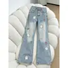 Calça jeans larga bordada em estilo cartoon Chao Li Youhuo para mulheres, primavera e outono, estilosa, solta, versátil, casual, pantalona