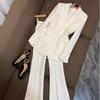 Moda Europea y Americana de Negocios Estrellada Hebilla de Tela de Un Botón Traje Mediano Largo Pantalones Acampanados Traje Conjunto de Dos Piezas