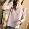 Verão Novo Estilo Gola Redonda Cor Sólida Malha de Algodão Manga Curta Camiseta Feminina Solta Tamanho Grande Algodão Linho Top Vazado Peça Única Atacado