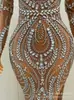 Vestido de Festa Sexy Prata com Strass Duas Peças de Manga Longa para Festa de Aniversário