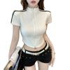 Chamarra Deportiva Casual Rayada con Cierre para Mujer Ajustada Delgada Corta Sexy Top Cuello Alto Camiseta de Manga Corta
