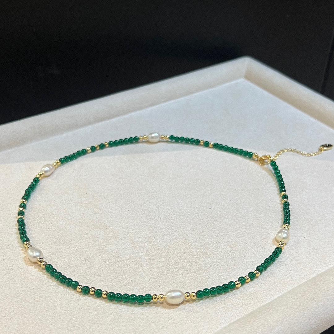 复古小众绿水晶天然淡水珍珠项链女轻奢简约气质圆珠锁