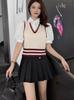 Suéter Camisa Corto de Punto Estilo Hong Kong para Mujer Verano Estilo Transfronterizo Nuevo Falso Dos Piezas Cuello Hombro Derecho Manga Corta