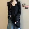 Camiseta de Manga Larga de Canalé con Cuello en V de Longitud Media para Mujer, Diseño Tallas Grandes, Nuevo Estilo Otoño e Invierno, Top Holgado y Adelgazante para Figuras Curvilíneas