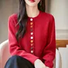 Estilo Novo Primavera 2026 Transfronteiriço Algodão Puro Gola Redonda Tricô Estilo Coreano Cardigã Manga Longa Feminino Cor Sólida Botão Solto Top