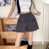 Shorts Cinza Casual Sexy Modelador de Cintura Alta para Mulheres Verão 2025 Novo Roupa de Trabalho Calças de Perna Larga com Bolsos Duplos e Aba Calças com Cordão
