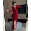 Comércio Exterior Design de Roupas Femininas Gola V Senso de Design Saia Longa Efeito Emagrecedor Slim Fenda Vestido de Manga Longa Elegante