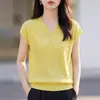 Nuevo Suéter de Punto de Algodón Puro Manga Corta Cuello en V Color Sólido Costilla Pulóver Camiseta Base para Mujer Primavera/Verano 2026