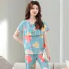 Conjunto de homewear de algodão e seda para verão para mulheres, fino e solto, feito de algodão artificial, pijama de duas peças com design anti-transparência