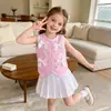 Conjunto de Dos Piezas para Niña con Chaleco Rosa de Moño y Falda Plisada, Atuendo Diario Estilo Universitario, Conjunto de Moda Infantil para Salida de Cumpleaños