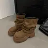 Botas de Cavaleiro com Solado Grosso Aumentadoras de Altura Femininas 2026 Nova Outono Calças Merade Bota Curta Amontoada na Perna Meio da Panturrilha