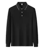 Camisa polo de seda business bicolor de manga longa com colarinho de abas, cor sólida, adequada para homens, pode ser impressa com logotipo ou bordada