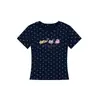 Camiseta de Manga Corta para Mujer, Color Azul Marino, Cuello Redondo, Hombro Normal, Diseño de Lunares, Nuevo Estilo de Verano, Estampado de Gato de Dibujos Animados, Corte Ajustado