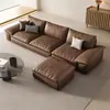 Sofá de Couro Genuíno, Estilo Retro Minimalista Italiano, Sala de Estar Moderna Simples, Escritório, Sofá Nuvem de Couro em Linha Reta para Barco à Vela