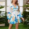 Vestido Nuevo Estampado de Cuello en V para Comercio Transfronterizo Independiente, Mangas Abullonadas a la Moda, Falda Corta de Cintura Alta, Ropa para Mujer Estilo Europeo y Americano