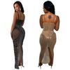 C6613 Transfronterizo Aliexpress Amazon Moda Europea y Americana para Mujer Color Puro Malla Diamante de Imitación Tirantes Falda Larga Vestido