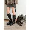 Primer Encuentro Ji Botas Vaqueras Cortas Retro Hebilla de Cuero Botas de Motocicleta Mujer Punta Redonda Tacón Grueso Botas Largas Suela Gruesa Pantalón Botas Mujer