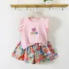 Conjunto de Ropa de Verano para Niñas 2026 Nuevo Estilo Camiseta con Mangas Volantes Florales Pantalones Conjunto de Dos Piezas
