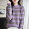 Suéter de Punto a Rayas Retro Color Block para Mujer Cuello Redondo Manga Larga Holgado Suéter Otoño Invierno Versátil Casual Top Básico