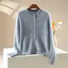 Cardigã de Malha Escovada Feminino, Novo Outono/Inverno 2026, Casaco de Lã Cashmere Gola Redonda Manga Longa, Top Grosso com Padrão Torcido